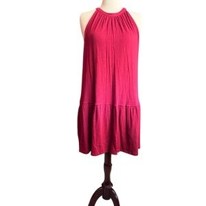 LOFT Crinkle Flounce Mini Halter Dress, Crimson, Sz L, NWT